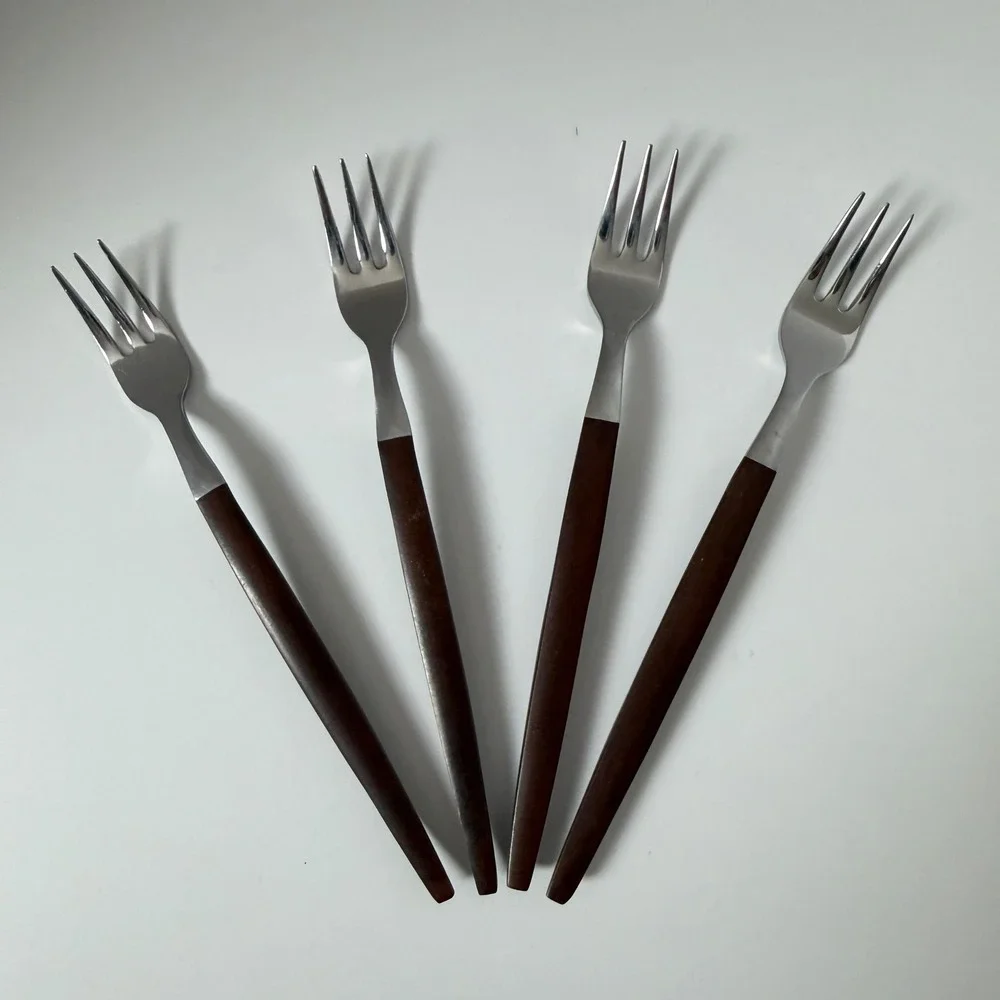 Ekco Eterna Cocktail Forks Set of 4 Brown Faux Wood Handle Stainless Japan MCM‎